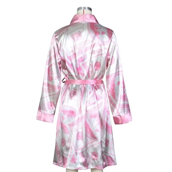 Silky Pink Money Print Kimono Robe New - Picture 3 of 3